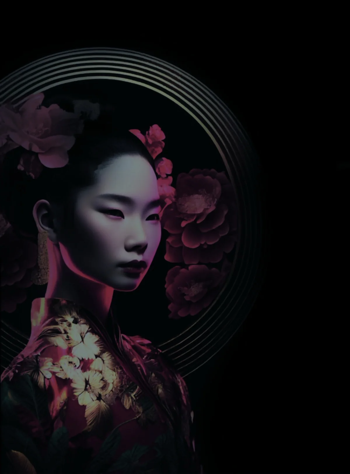 Böser Chinese — Porträt in rot-goldenem Kimono vor goldenem Halo